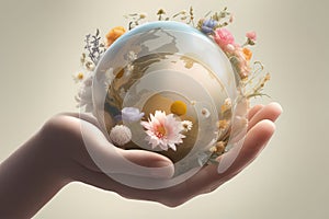 hand with globe and easter eggs on grey background. 3 d rendering
