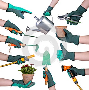 Hand in a glove holding gardening tools