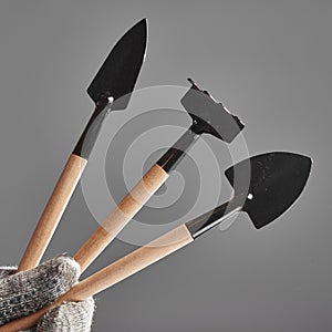 Hand in a glove holding gardening tools isolated on gray background