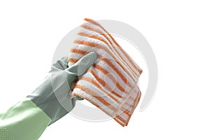 Hand in glove holding terry napkin.Household concept,bathroom and kitchen cleaning, glass fiber. Housework,chore.Domestic work.