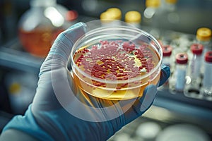 Hand in glove holds petri dish, showcasing bacterial culture