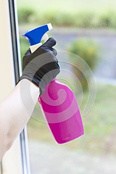 Hand in glove holds window cleaner.