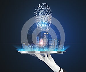 Hand in a glove with a plate holding a city view hologram on a blue background. Internatonal business and market concept