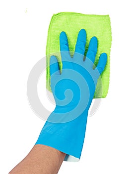 Hand with glove using cleaning mop to clean up