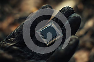 hand in gloves holding an advanced third-generation microchip with a black, rectangular shape, set against a clean