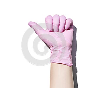 Hand in gloves holding test tube. Medical equipment