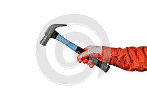 Hand in gloves to hold a hammer On a white background