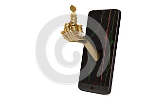 Hand with gold coin stacks and smartphone creative concept.3d il