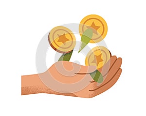 Hand with gold coins, money, cash. Finance, wealth concept. Financial cashback, bonus, prosperity. Capital, deposit