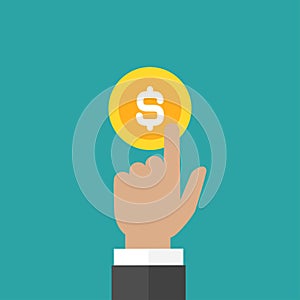 Hand with gold dollar coin. Hand pointing. Vector flat illustration on blue. Give, receive, take, earn money
