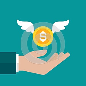 Hand with gold dollar coin with wings. Vector flat illustration on blue. Give, receive, take, earn money