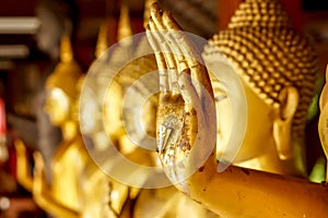 Hand of golden Buddha statue with a gold leaf on blurred golden Buddha statue stand strong line background