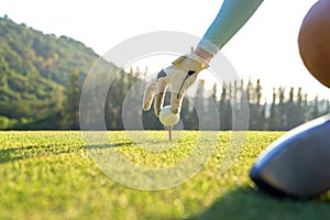 Hand golfer woman putting golf ball on tee with club in golf course on evening time for healthy sport.