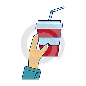 Hand grabbing soda cup with straw blue lines