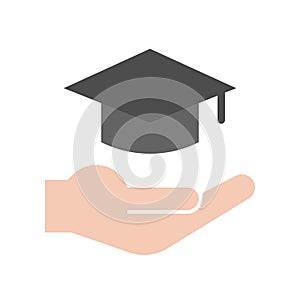 Hand and graduation cap, education icon set