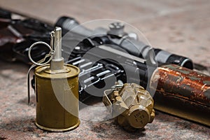 Hand granades with SVD on background photo