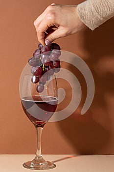 Hand with grapes above the wineglass with red wine on beige background. Festive evening. Holiday concept. Shadow on the wall