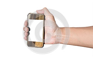 Hand grasp old smartphone, isolated on white background