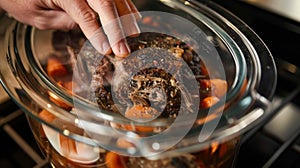 A hand grasping the glass lid of a crockpot revealing a delicious slowcooked pot roast photo