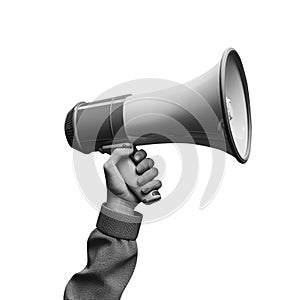 Hand Grasping a Grey Megaphone for Loud Announcement. Generative AI