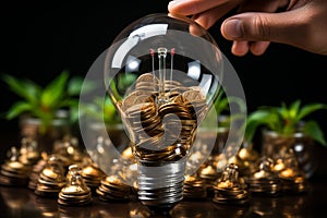 Hand grasps a light bulb with coins, representing creative ideas for saving money photo
