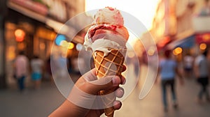 a hand grasps a melting ice cream, city lights creating a dreamy backdrop.