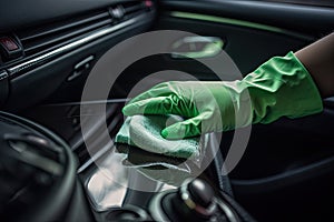 Hand in green glove cleaning car interior with microfiber cloth. auto cleaning service clean car, AI Generated