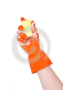 Hand with green glove holding