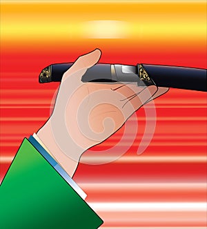 A hand in green kimono holding tanto sword at sunset in anime style