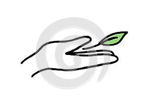 A hand with a green leaf. Co2 concept of climate change. Recycling. Vector isolated doodle
