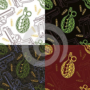 Hand grenade with ammo and guns on urbanistic camouflage background, vector seamless patterns set