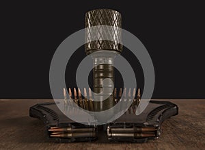 Hand grenade and ammunition on black background