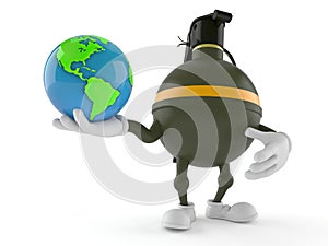 Hand grenade character holding world globe