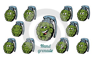 Hand grenade emotions emoticons set isolated on white background