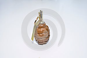 The hand grenade on a white background close-up