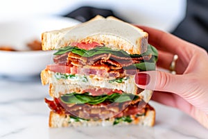 hand griping blt sandwich before a bite