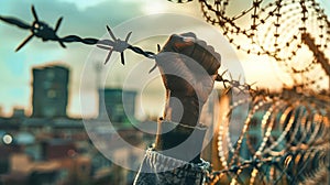 A hand gripping a barbwire fence with a cityscape in the background, symbolizing a protest or struggle for freedom and change