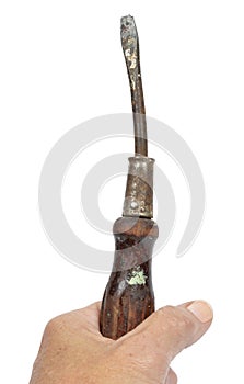Hand gripping old screwdriver Isolated