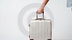 A hand grips a modern white suitcaseâ€™s handle, hinting at travel readiness against a plain backdrop