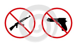 Hand Gun and AK 47 Automatic Kalashnikov Stop Black Silhouette Icon. Military Handgun, AK47 Forbidden Pictogram. Army