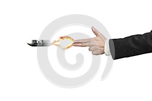Hand gun gesture shooting a bullet with money symbol