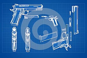 Hand gun metallic blueprint illustration