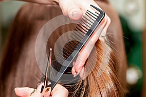 Woman receiving haircut.