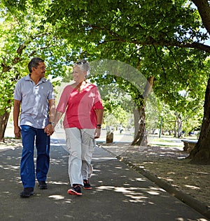 Hand in hand everyday. a loving senior couple enjoying quality time together outdoors.