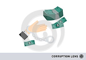 A hand with handcuff receive money in corruption lens vector isolated on white background