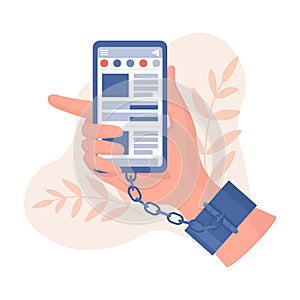 Hand in handcuffs holding smartphone with social network application vector flat illustration.