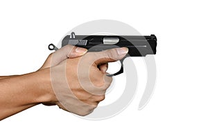 A hand with handgun lefty thumb forward position gripping