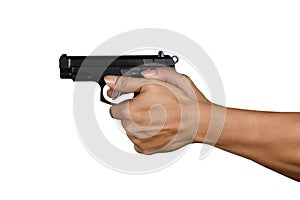 A hand with handgun thumb forward position gripping