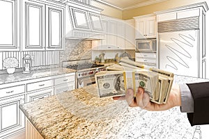 Hand Handing Cash Over Kitchen Design Drawing and Photo Combination