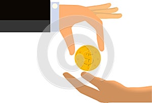 Hand Handing Coin To The Limp Hand of Another Person (Isolated)